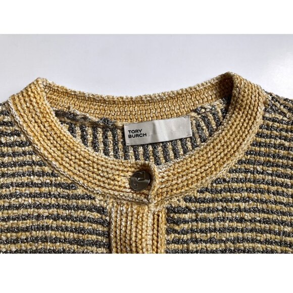 Tory Burch  Metallic Thread Striped Cardigan Ivory White Silver Size Medium - Picture 8 of 10